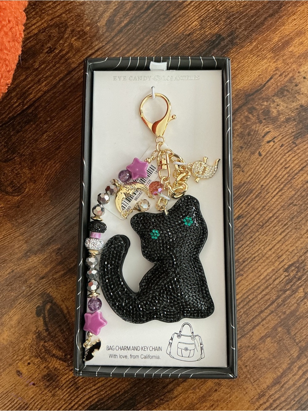 Black Crystal Cat Bag Charm with Purple Accents